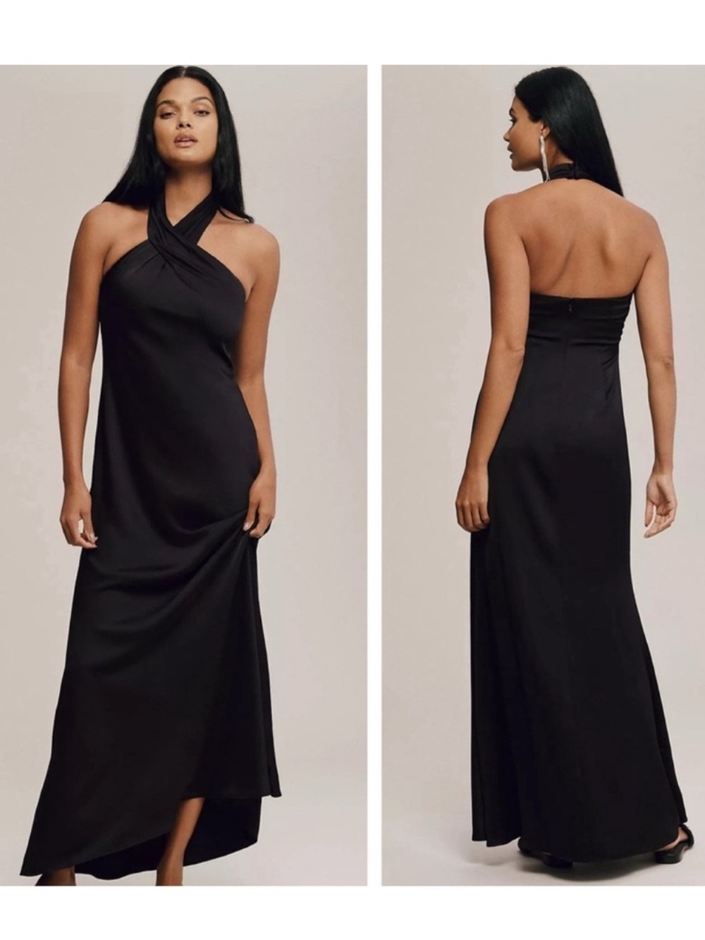 BHLDN Anthropologie Ruby Twist Halter Satin Gown NEW Size 10 Black Dress